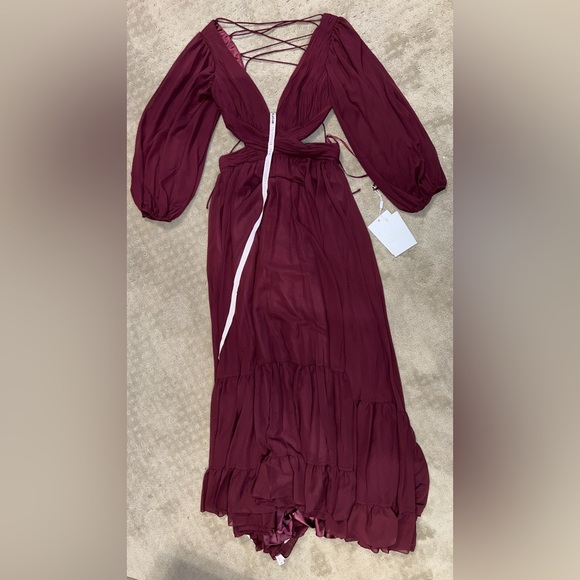 Mac Duggal 67948 NWT Plum Pleated Cut Out Long Sleeve Lace Up Tiered Gown - Picture 5 of 9